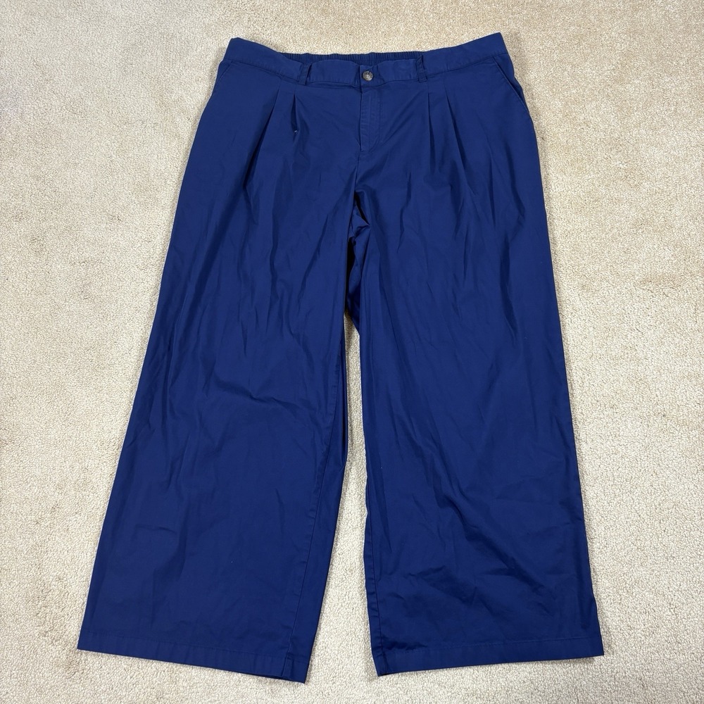 Lands End Womens Navy Blue Pleated Wide Leg Chino Pants Sz 22 High Rise Stretch